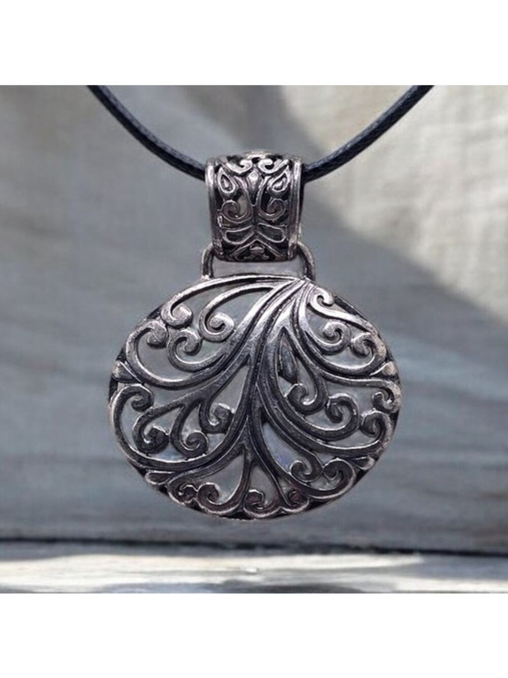 Ornate Scrollwork Silver 925 Filigree Pendant Corded Necklace Romantic Elegant